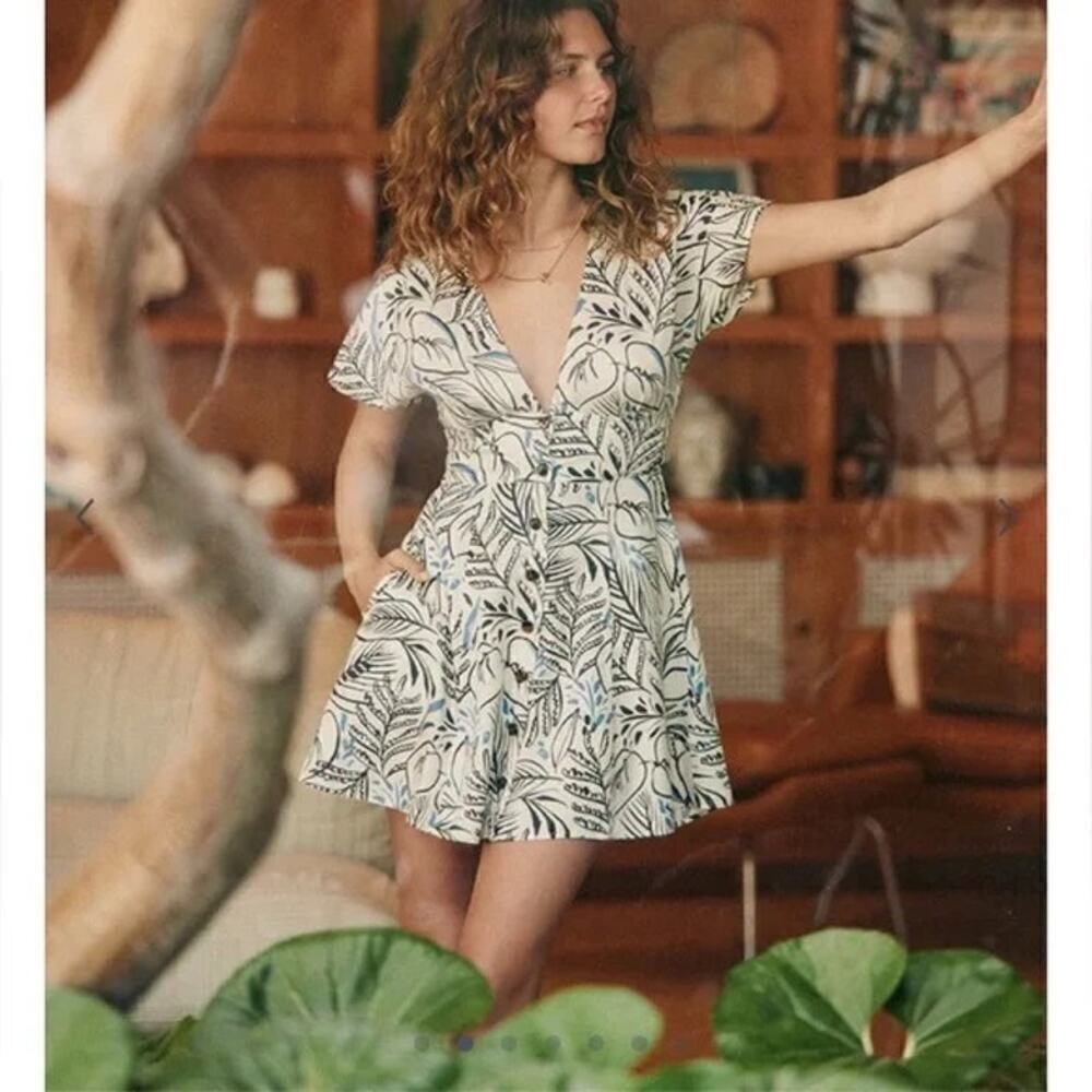 Marine Layer Camila Dress Floral A-Line Mini Black And White Foliage NWT Small